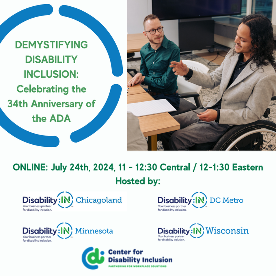 Event flier with webinar title and details, image of two men with diverse abilities sitting side by side in workspace and logos for five host organizations. and 