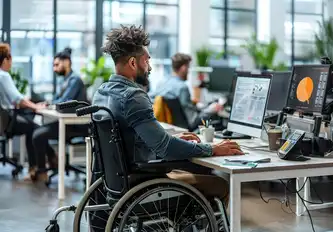 Man using a wheelchair working at a computer in a busy modern office with coworkers in the background.