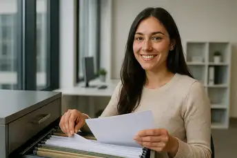 Woman smiling while organizing documents in a filing cabinet in a bright modern office.